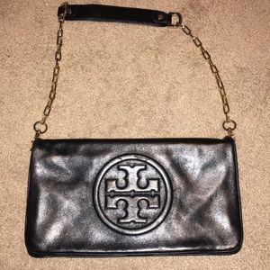 Tory Burch Black Reva clutch with gold chain